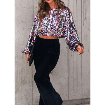SPSHODOW Women Sequin Top, Balloon Long Sleeve Glitter Party Top Disco Sparkle Crop Top Sequin Blous...