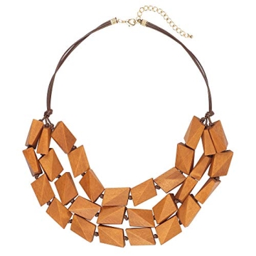 Coiris 3 Layers Big Faceted Wood Beaded Strand Statement Necklace for Women Chunky Collar (N0018-Lig...