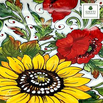 Large Ceramic Bowl for kitchen - Italian dinnerware pasta bowl - White Sunflower Poppies serving tray - Hand painted Tuscan pottery bowls - Made in Italy - Ceramics salad tuscan soul platter