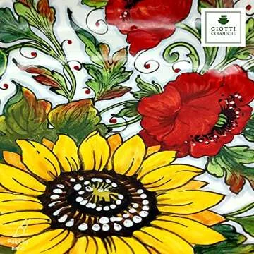 Large Ceramic Bowl for kitchen - Italian dinnerware pasta bowl - White Sunflower Poppies serving tray - Hand painted Tuscan pottery bowls - Made in Italy - Ceramics salad tuscan soul platter