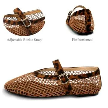 VBDB Leopard Mesh Ballet Flats for Women Rounde Toe Mary Jane Mesh Flats Buckle Wide Width Mesh Flats Comfy Casual Office Summer Fishnet Size 9