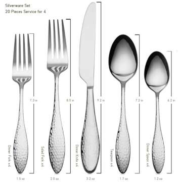 Alata Emma 20-Piece 18/10 Silverware Set, Hammered Flatware Set, Heavy Duty Stainless Steel Cutlery Set, Modern Kitchen Utensils, Dinnerware Sets Service for 4, Mirror Polished & Dishwasher Safe