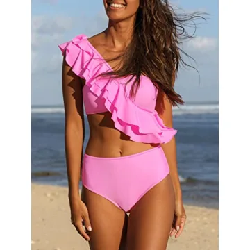 Hilinker Women's One Shoulder Ruffle High Waist Bikini Swimsuit 2 Piece Bathing Suit Hot Pink Large