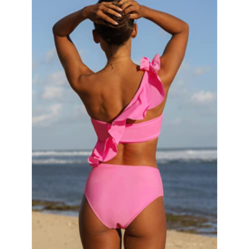 Hilinker Women's One Shoulder Ruffle High Waist Bikini Swimsuit 2 Piece Bathing Suit Hot Pink Large