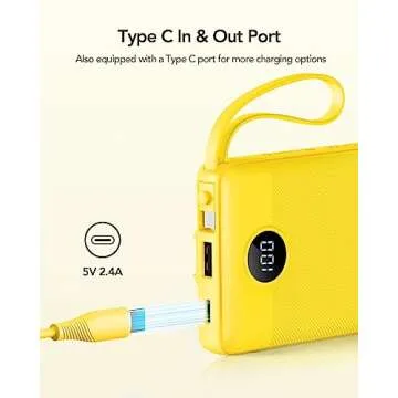VRURC Portable Charger with Built-in Cables, 10000mAh LED Display USB C Power Bank, Slim Travel Battery Pack with 5 Output 2 Input Compatible with iPhone,Samsung,Android etc-Yellow(1 Pack)