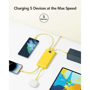 VRURC Portable Charger with Built-in Cables, 10000mAh LED Display USB C Power Bank, Slim Travel Battery Pack with 5 Output 2 Input Compatible with iPhone,Samsung,Android etc-Yellow(1 Pack)