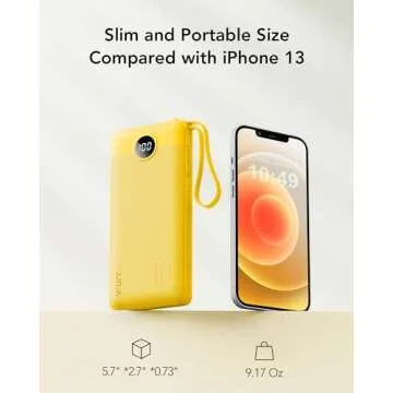 VRURC Portable Charger with Built-in Cables, 10000mAh LED Display USB C Power Bank, Slim Travel Battery Pack with 5 Output 2 Input Compatible with iPhone,Samsung,Android etc-Yellow(1 Pack)