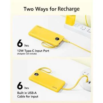 VRURC Portable Charger with Built-in Cables, 10000mAh LED Display USB C Power Bank, Slim Travel Battery Pack with 5 Output 2 Input Compatible with iPhone,Samsung,Android etc-Yellow(1 Pack)
