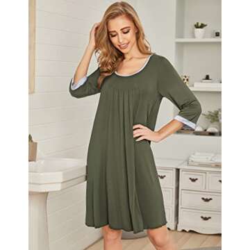 Ekouaer Ladies Nightgowns Round Neck Nightgown Front Pleatd Pajama Dress for Women,Amy Green XXL