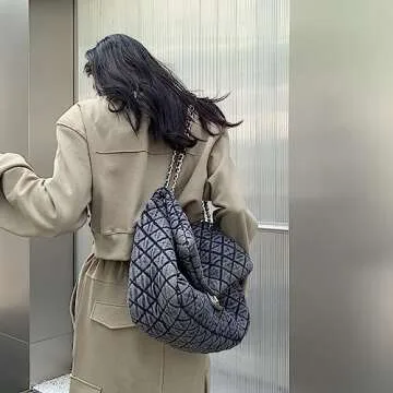 Women's Grey large Casual Diamond Checker Denim Retro Fashion One Shoulder Handbag