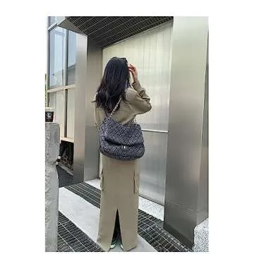 Women's Grey large Casual Diamond Checker Denim Retro Fashion One Shoulder Handbag