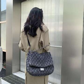 Women's Grey large Casual Diamond Checker Denim Retro Fashion One Shoulder Handbag