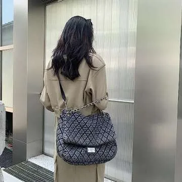 Women's Grey large Casual Diamond Checker Denim Retro Fashion One Shoulder Handbag