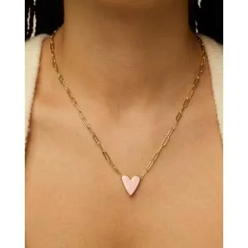 PAVOI 14K Yellow Gold Plated Heart Pink Enamel Pendant Necklace | Stylish Love Chain