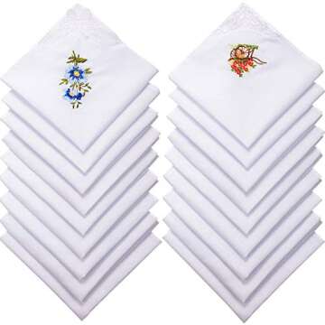 Geyoga 18 Pieces Ladies Cotton Handkerchiefs Flower Embroidered with Lace Colored Embroidered Handke...