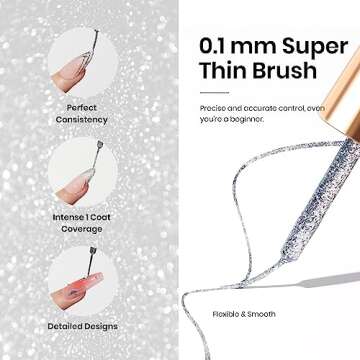 beetles Nail Art Gel Liner Polish- 2 Pcs Reflective Glitter Gel Nail Polish, Sliver Metallic Gel Liner Nail Polish Glitter Sparkle Chrome Effect Metal Painted Gel Nail Art Design Set