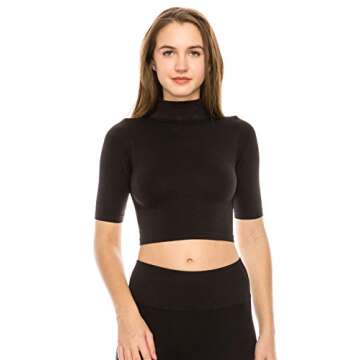 Kurve Women's Basic Crop Top – Mock Neck Elbow Length Sleeve Ribbed Stretch Slim Fitted Turtleneck...