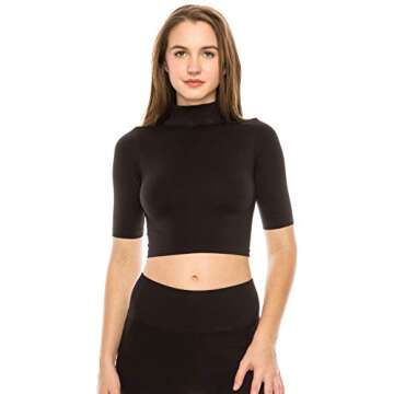 Kurve Women's Basic Crop Top – Mock Neck Elbow Length Sleeve Ribbed Stretch Slim Fitted Turtleneck Cropped T Shirt SS27 Black XS/M