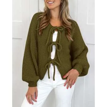PRETTYGARDEN Women's Tie Front Bow Cardigan Sweaters Chunky Knit Long Puff Sleeve Trendy Fall Winter Jacket Coats (Army Green,Large)