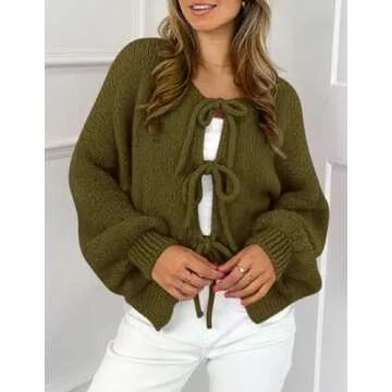 PRETTYGARDEN Women's Tie Front Bow Cardigan Sweaters Chunky Knit Long Puff Sleeve Trendy Fall Winter Jacket Coats (Army Green,Large)