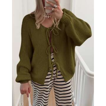 PRETTYGARDEN Women's Tie Front Bow Cardigan Sweaters Chunky Knit Long Puff Sleeve Trendy Fall Winter Jacket Coats (Army Green,Large)