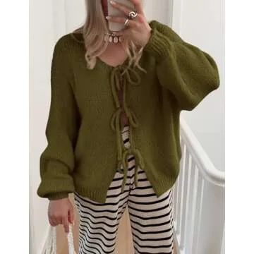 PRETTYGARDEN Women's Tie Front Bow Cardigan Sweaters Chunky Knit Long Puff Sleeve Trendy Fall Winter Jacket Coats (Army Green,Large)