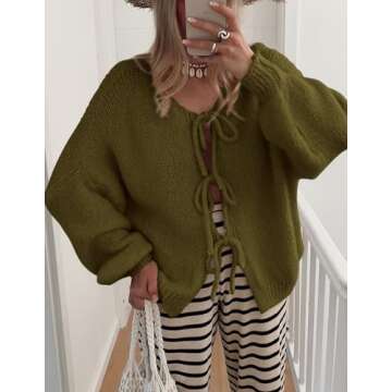 PRETTYGARDEN Women's Tie Front Bow Cardigan Sweaters Chunky Knit Long Puff Sleeve Trendy Fall Winter Jacket Coats (Army Green,Large)