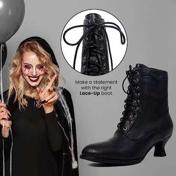 Yremael Women's Ankle Boots Victorian Boots Mid Calf Boots Round Toe Black Boots Chunky Heel Lace Up Witch Boots Knight Boots for Women