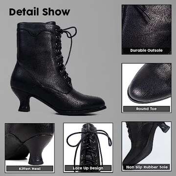 Yremael Women's Ankle Boots Victorian Boots Mid Calf Boots Round Toe Black Boots Chunky Heel Lace Up Witch Boots Knight Boots for Women