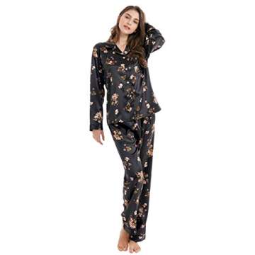 TONY & CANDICE Women's Classic Satin Pajama Set Sleepwear Loungewear (Black with Flower Pattern, Sma...