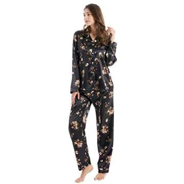 TONY & CANDICE Women's Classic Satin Pajama Set Sleepwear Loungewear (Black with Flower Pattern, Small)