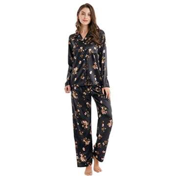 TONY & CANDICE Women's Classic Satin Pajama Set Sleepwear Loungewear (Black with Flower Pattern, Small)