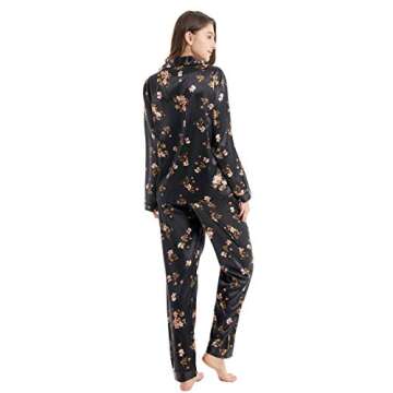 TONY & CANDICE Women's Classic Satin Pajama Set Sleepwear Loungewear (Black with Flower Pattern, Small)