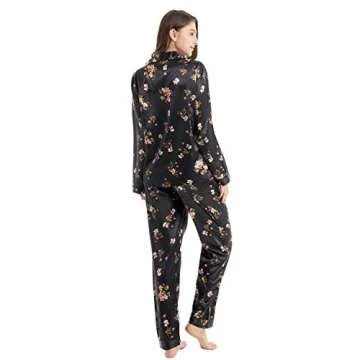 TONY & CANDICE Women's Classic Satin Pajama Set Sleepwear Loungewear (Black with Flower Pattern, Small)