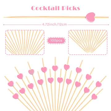100pcs Pink Heart Cocktail Picks 4.7" Long Fruit Sticks Food Toothpicks Sandwich Appetizer Charcuter...