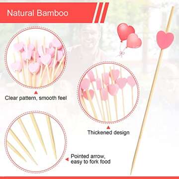 100pcs Pink Heart Cocktail Picks 4.7" Long Fruit Sticks Food Toothpicks Sandwich Appetizer Charcuterie Skewers, Handmade of Bamboo Wood, for Birthday, Wedding, Valentines Day Decoration Party Supplies