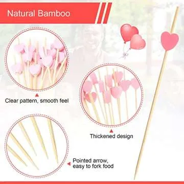 100pcs Pink Heart Cocktail Picks 4.7" Long Fruit Sticks Food Toothpicks Sandwich Appetizer Charcuterie Skewers, Handmade of Bamboo Wood, for Birthday, Wedding, Valentines Day Decoration Party Supplies