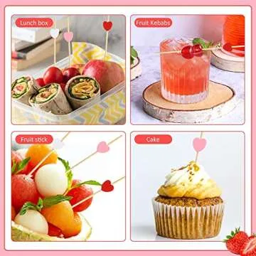 100pcs Pink Heart Cocktail Picks 4.7" Long Fruit Sticks Food Toothpicks Sandwich Appetizer Charcuterie Skewers, Handmade of Bamboo Wood, for Birthday, Wedding, Valentines Day Decoration Party Supplies