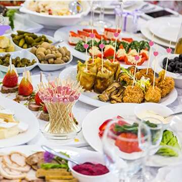 100pcs Pink Heart Cocktail Picks 4.7" Long Fruit Sticks Food Toothpicks Sandwich Appetizer Charcuterie Skewers, Handmade of Bamboo Wood, for Birthday, Wedding, Valentines Day Decoration Party Supplies