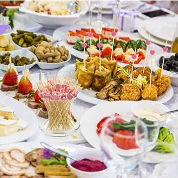 100pcs Pink Heart Cocktail Picks 4.7" Long Fruit Sticks Food Toothpicks Sandwich Appetizer Charcuterie Skewers, Handmade of Bamboo Wood, for Birthday, Wedding, Valentines Day Decoration Party Supplies