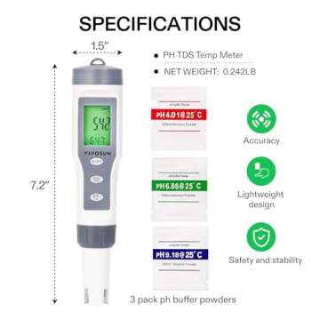 VIVOSUN 3-in-1 Digital pH Meter with ATC, ±0.1 pH Accuracy Water Quality Tester, 0-14.0 pH Measurement Range for Hydroponics, Household Drinking, Pool and Aquarium