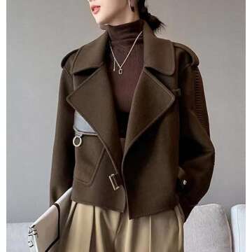 utcoco Women Cropped Wool Coats Warm Pea Coat Notched Lapel Open Front Trench Overcoat Jackets with ...