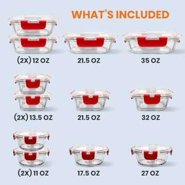 NutriChef 24pcs Glass Food Storage Containers, (12 Stackable Heavy Duty Meal Prep Containers w/ 12 A...