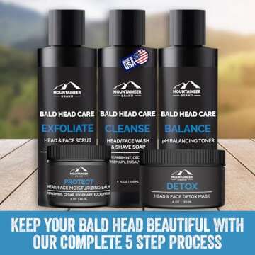 Mountaineer Brand Ultimate Bald Head Care Gifts Bundle For Men | All Natural 5 Step Skin Care for Healthy Scalp & Face | Exfoliate Scrub | Cleanse Wash | Shine Away | Moisturizing Balm | Detox