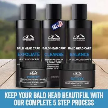 Mountaineer Brand Ultimate Bald Head Care Gifts Bundle For Men | All Natural 5 Step Skin Care for Healthy Scalp & Face | Exfoliate Scrub | Cleanse Wash | Shine Away | Moisturizing Balm | Detox