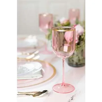 PLASTICPRO Pink Wine Cup with Gold rim Plastic Wine Glasses Set of 5 Elegant Wine Goblets Hard Plastic Wine Cups on Stem 12 Ounce