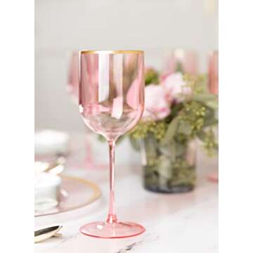 PLASTICPRO Pink Wine Cup with Gold rim Plastic Wine Glasses Set of 5 Elegant Wine Goblets Hard Plastic Wine Cups on Stem 12 Ounce