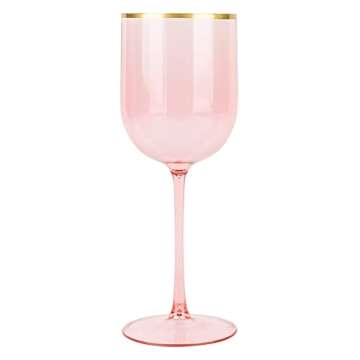 PLASTICPRO Pink Wine Cup with Gold rim Plastic Wine Glasses Set of 5 Elegant Wine Goblets Hard Plastic Wine Cups on Stem 12 Ounce