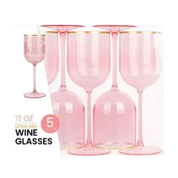 PLASTICPRO Pink Wine Cup with Gold rim Plastic Wine Glasses Set of 5 Elegant Wine Goblets Hard Plastic Wine Cups on Stem 12 Ounce