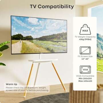 PUTORSEN Easel TV Stand for 42 43 to 65 Inch LED LCD OLED Screens, Portable Swivel Tripod TV Stand with Wooden Tray, Height Adjustable TV Floor Stand, Concealed Cable Management, Max Load 99lbs, White